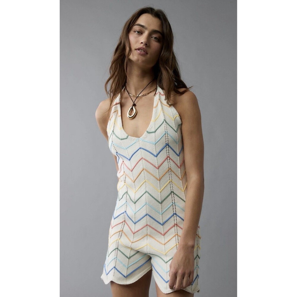 American Eagle Halter Crochet Beachwear Romper Size XL Multicolor